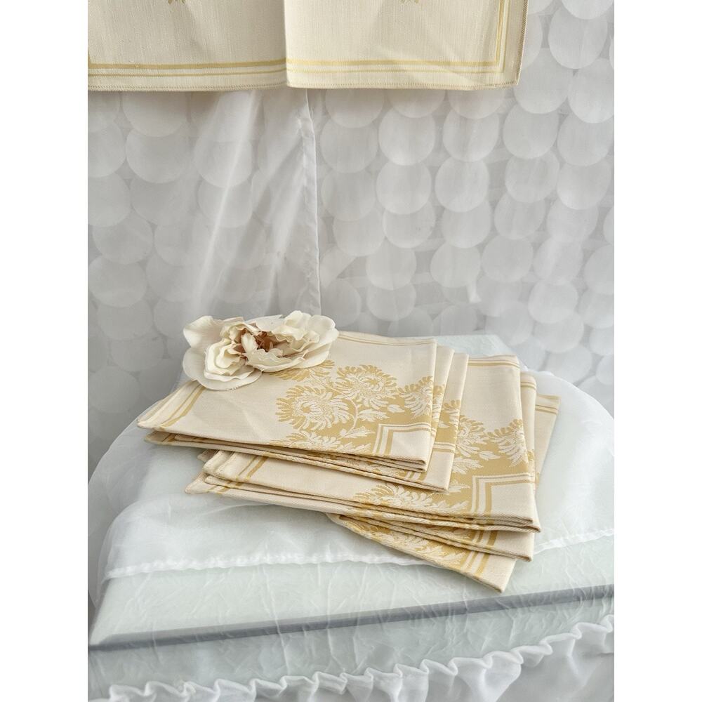 Vintage MCM Double Damask Yellow Napkins Chrysanthemums Floral Set Of 8